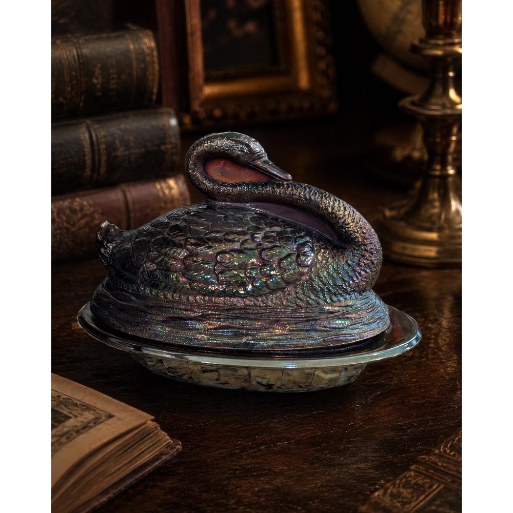 RARE Sowerby Glass Swan Covered Dish, Black Iridescent Cobalt, Made England